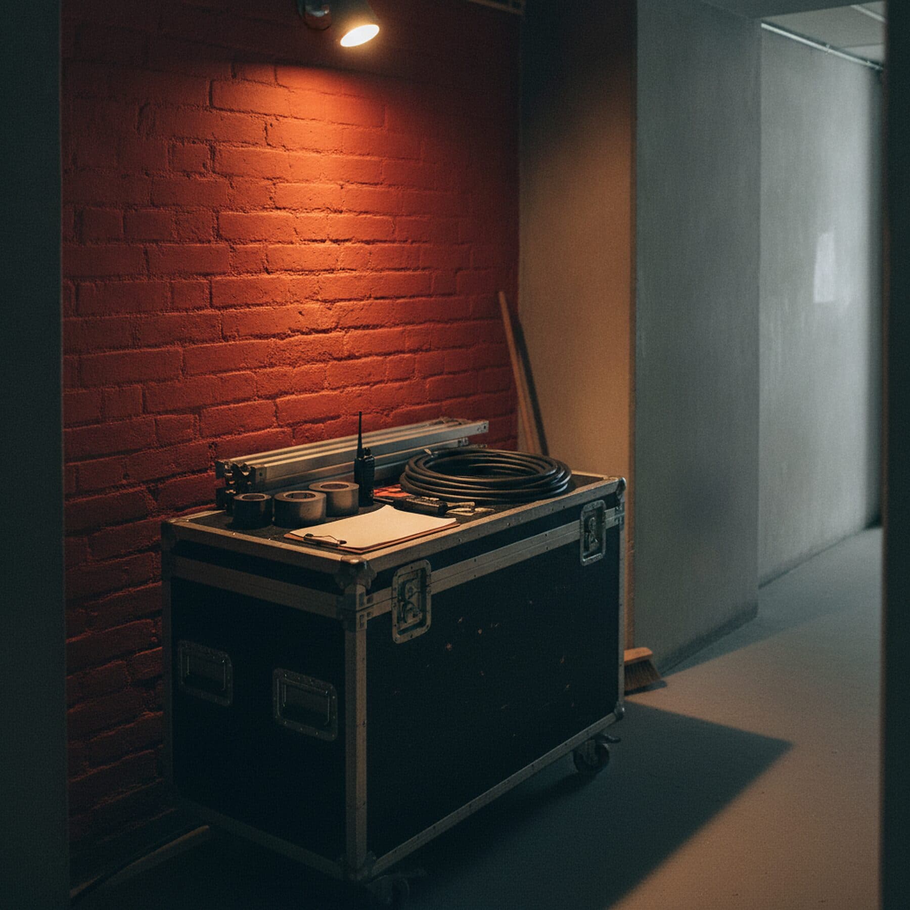 Mischpult und Notizbuch am Front-of-House-Platz unter einer Arbeitslampe
