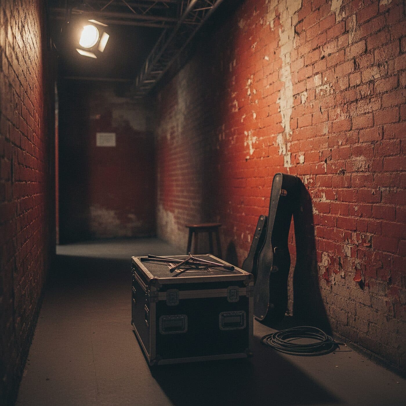 Flightcase und Gitarrenkoffer im Backstage-Gang vor Ziegelwand