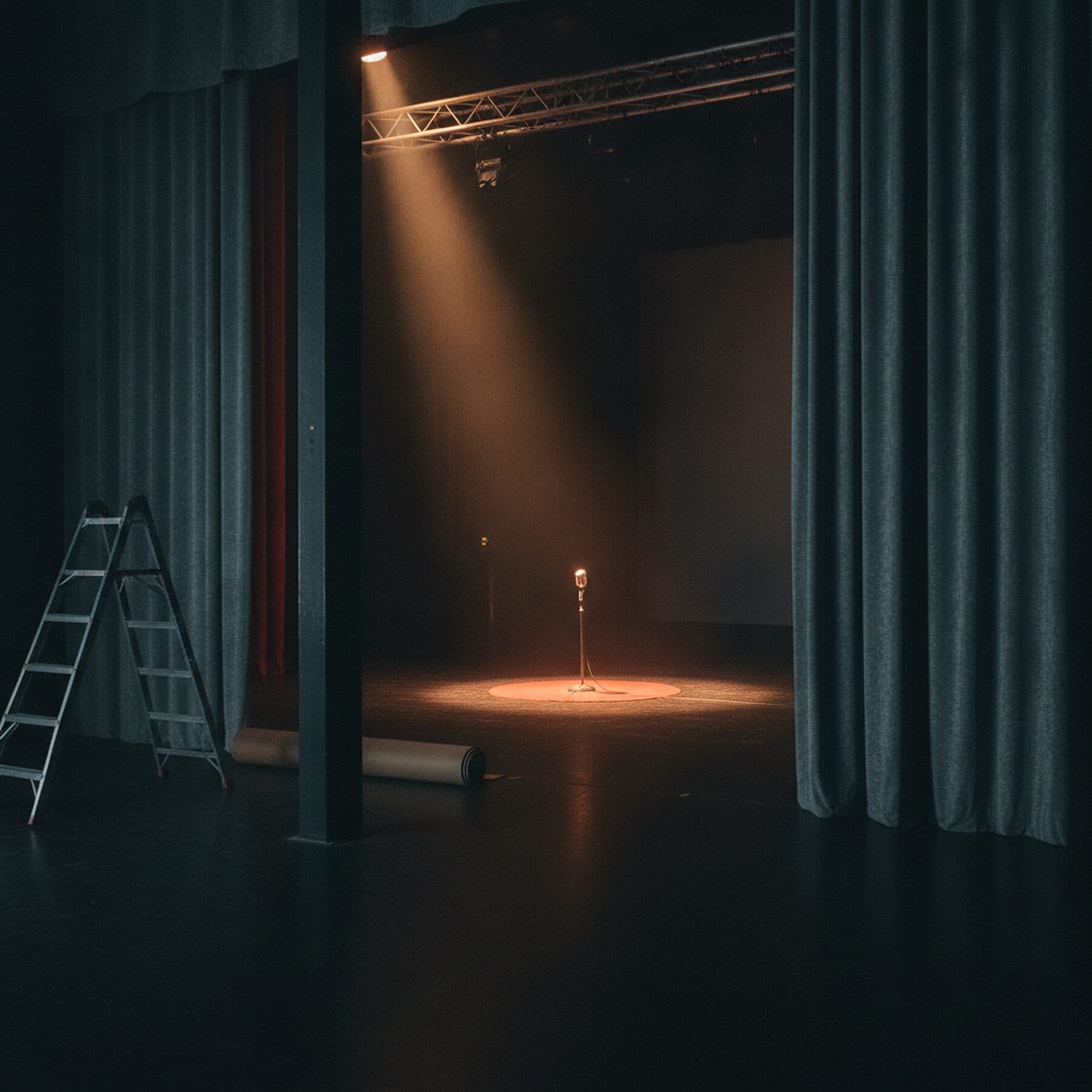 Backstage-Gang mit Flightcase und Gitarrenkoffer vor einer Ziegelwand